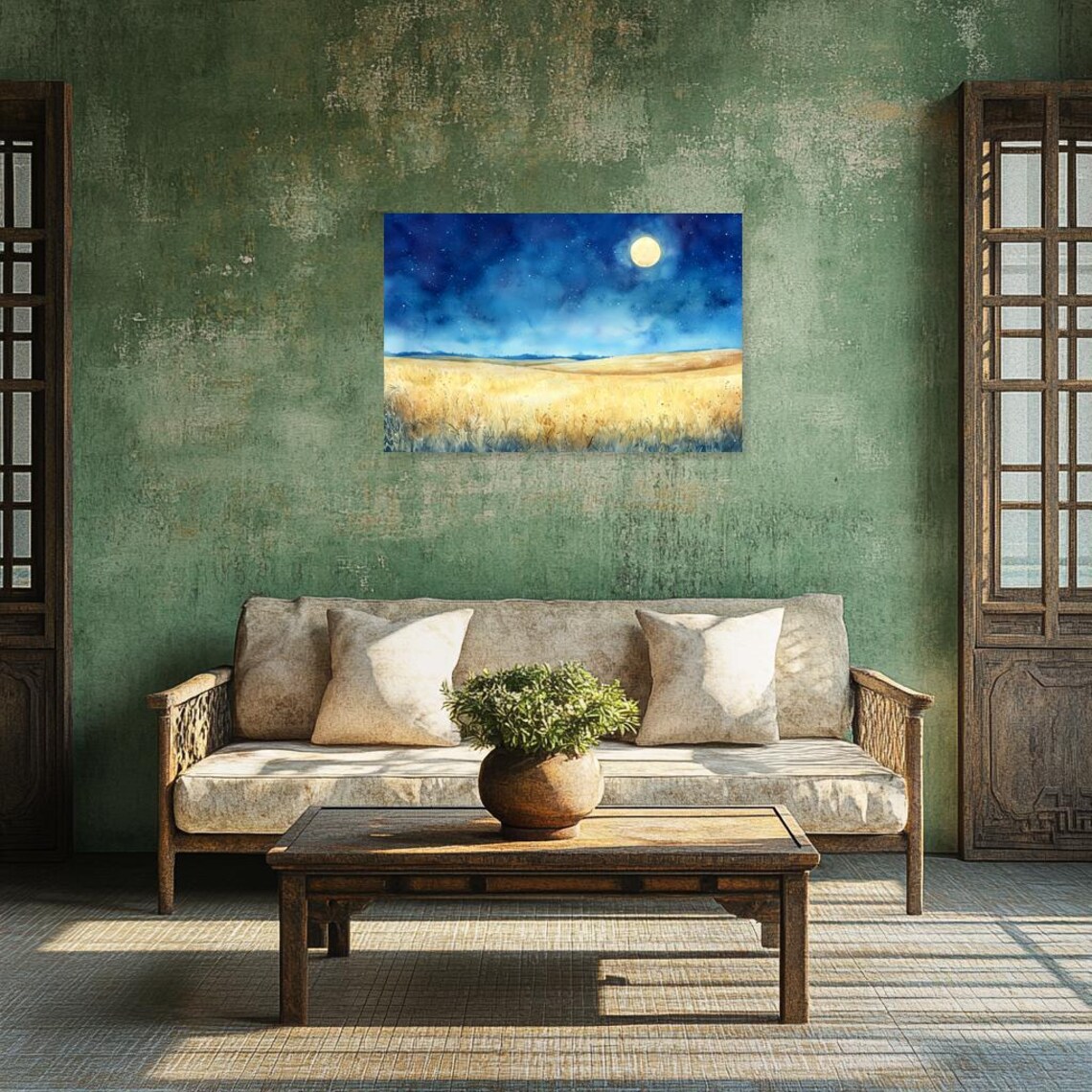 Moonlit Watercolor Night Prairie with Full Moon and Stars Poster - Image 3