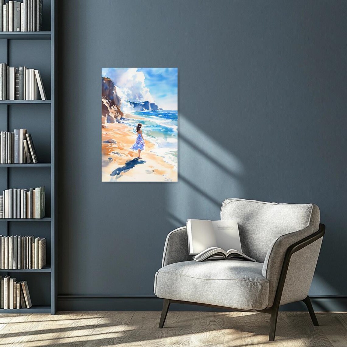 Young Woman in White Dress Sunny Beach Watercolor Seascape Poster - Image 3