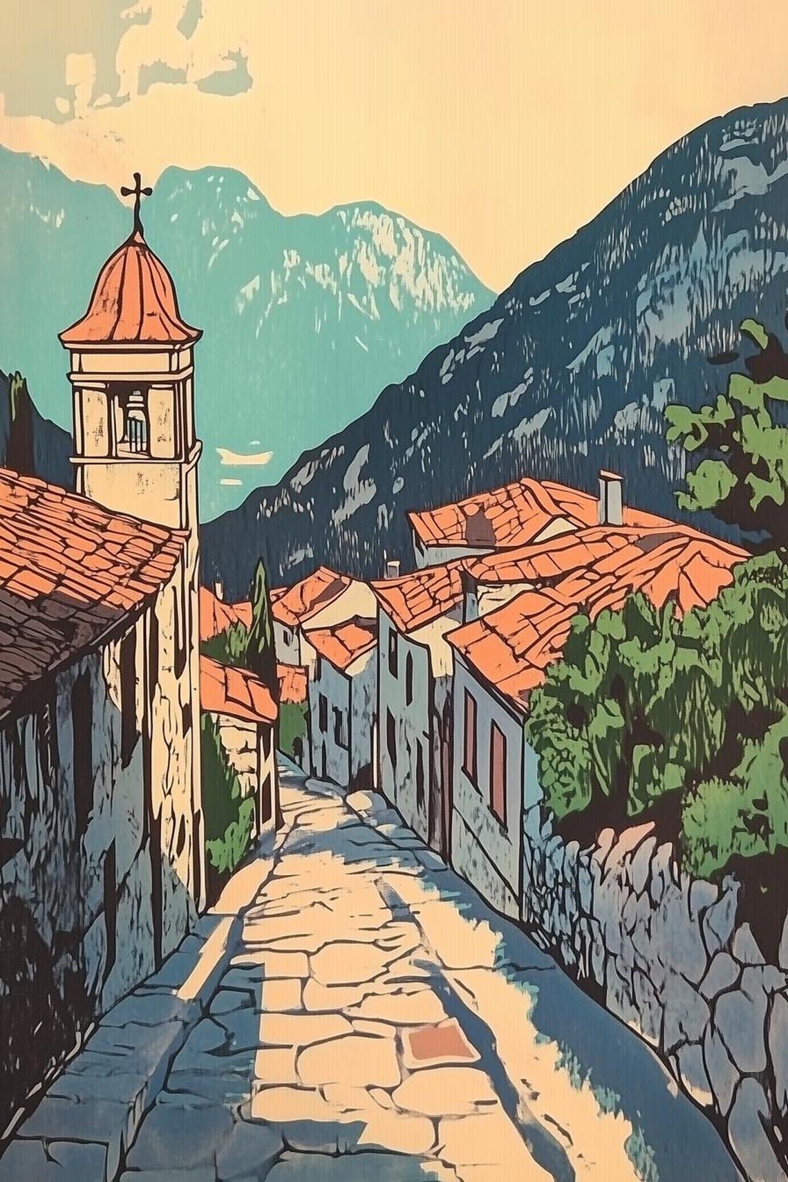 Custom Print Inspired By Van Gogh With Vibrant Mountain Scenery And Rustic Village Charm For Home Decor Wall Art