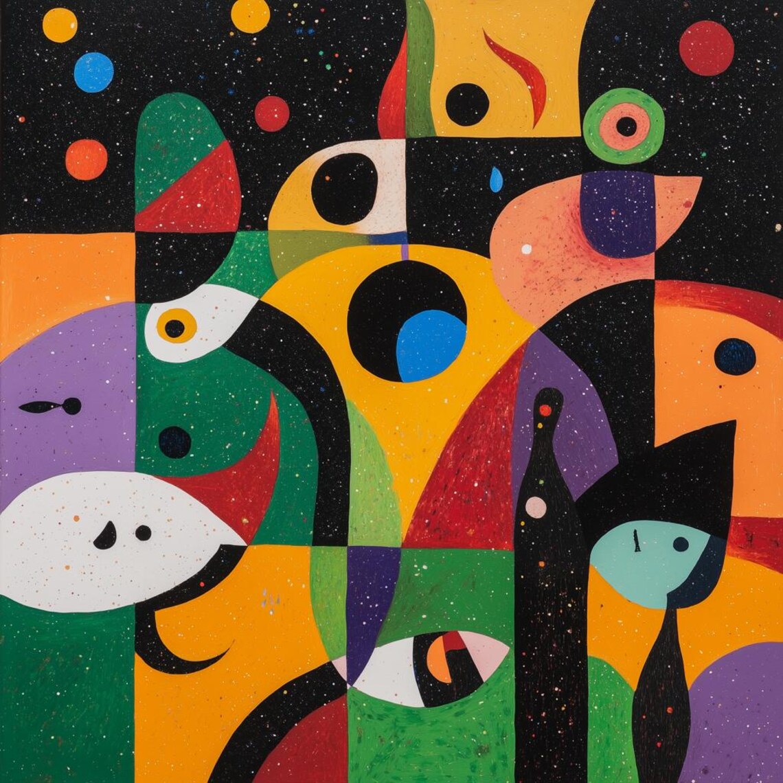 Surrealist Abstract With Eyes and Stars Bold Colors on Black Art Print