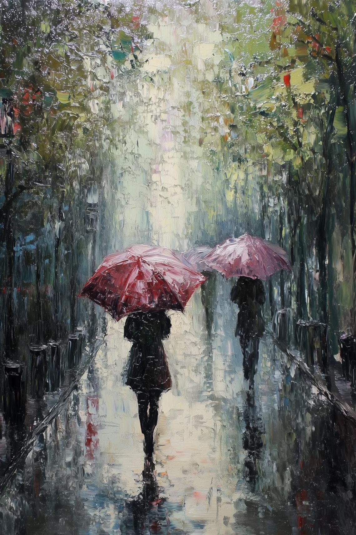 Impressionist Art, Red Umbrellas and Reflections