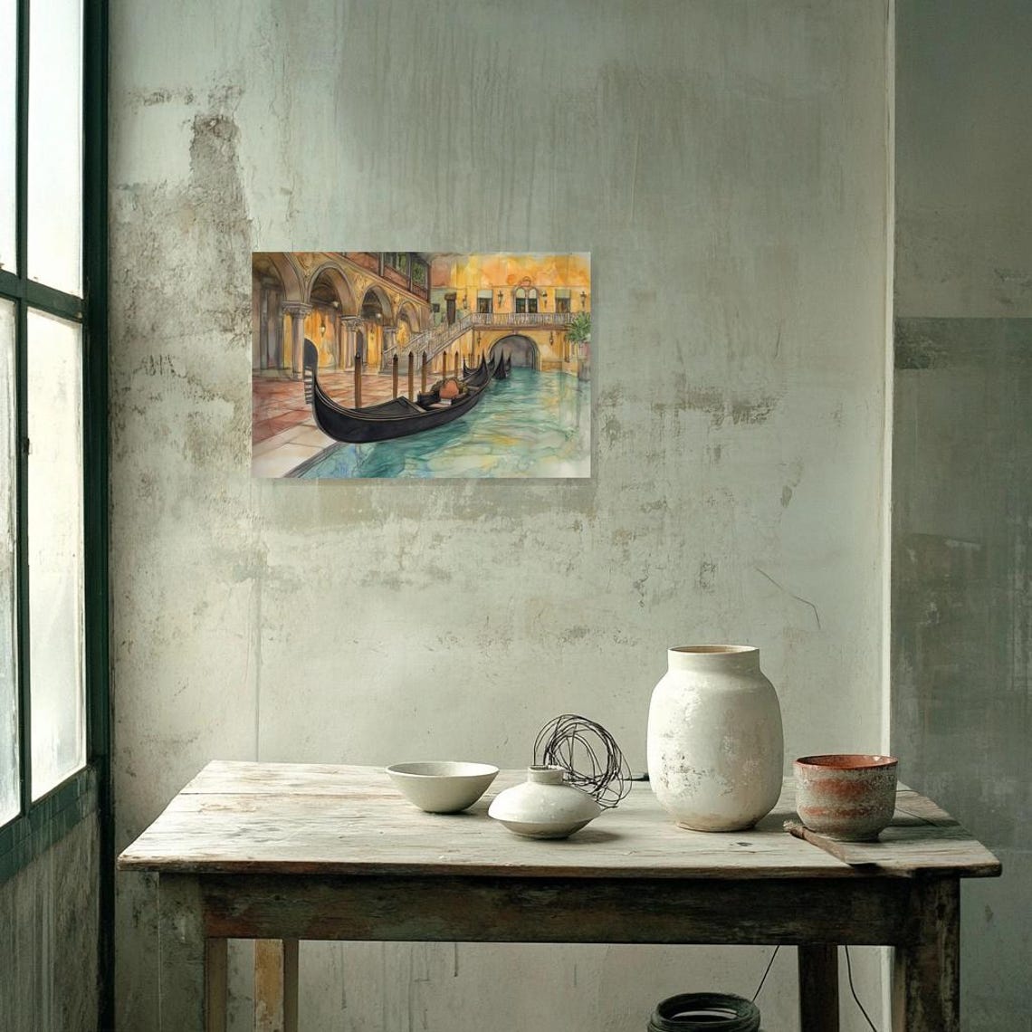 Venetian Gondolas Resting On A Quiet Canal Watercolor Painting Poster - Image 2