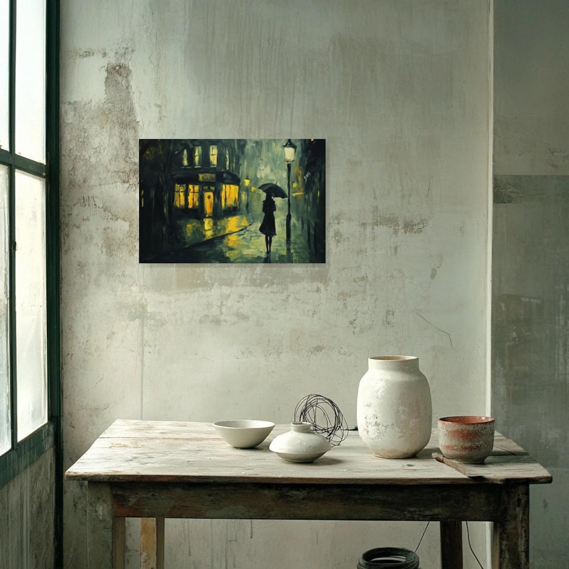 Moody Rainy Night Street With Glowing Windows And Umbrella Figure Poster - Image 2