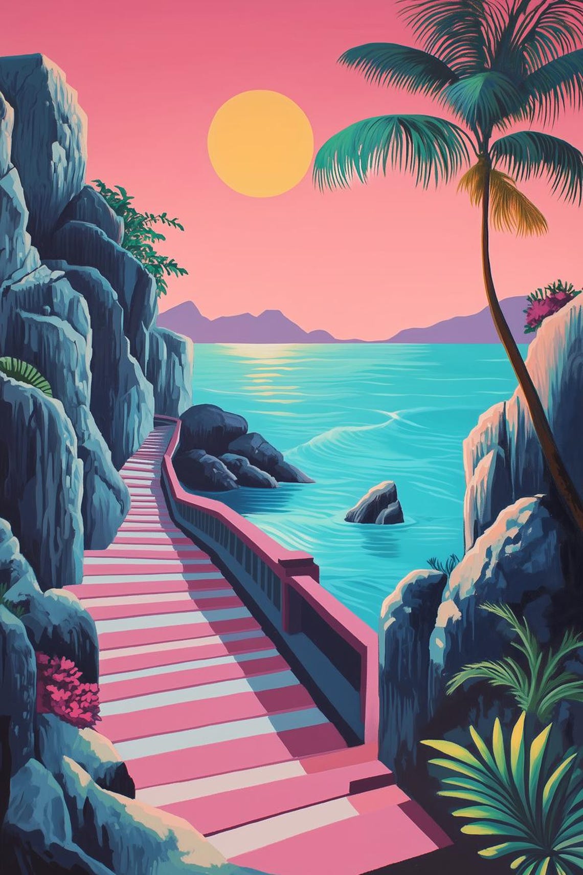 Retro 80s Tropical Paradise Staircase to Turquoise Sea Art Poster