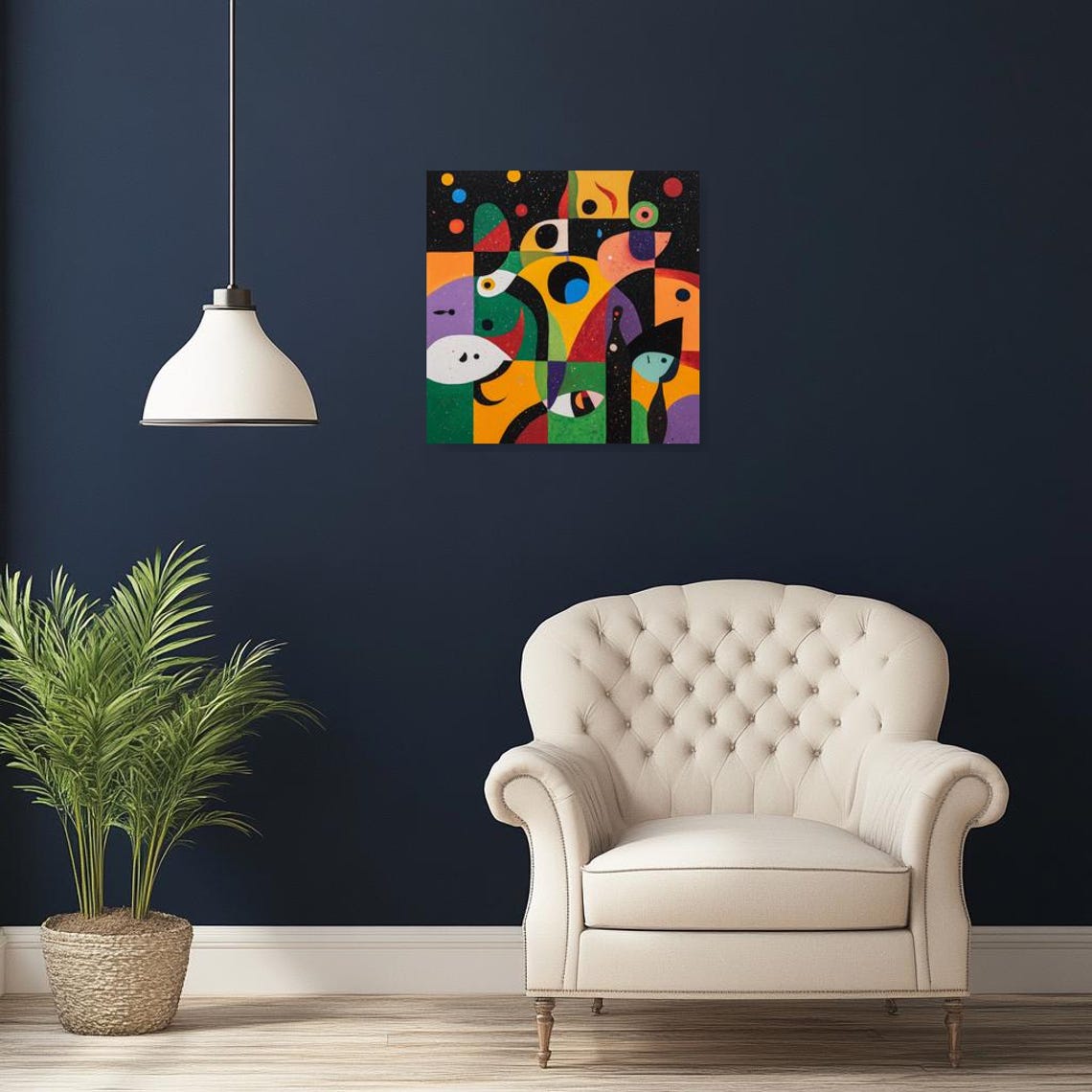 Surrealist Abstract With Eyes and Stars Bold Colors on Black Art Print - Image 2