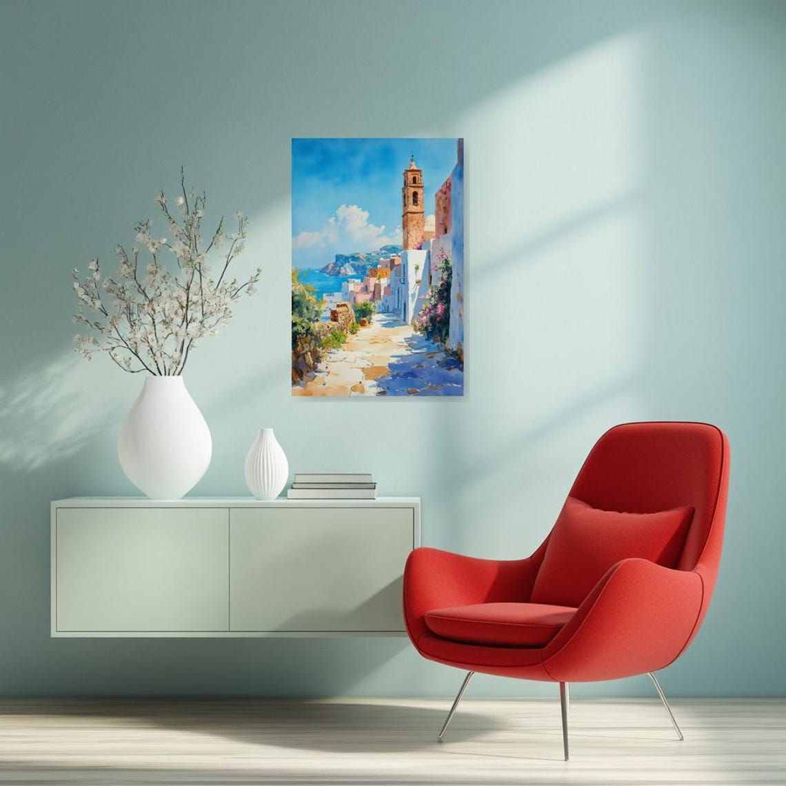 Sunny Mediterranean Coastal Village Street with Bell Tower Poster - Image 3