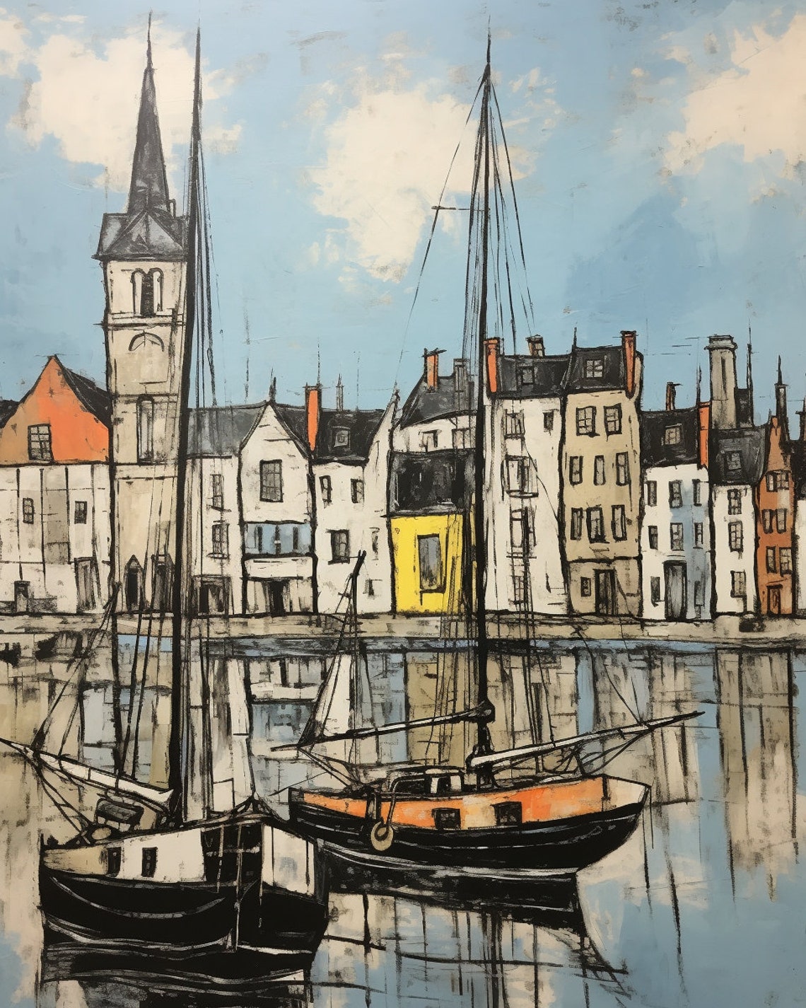 Charming Harbor Sailboats Waterfront Houses Canal Scene Poster