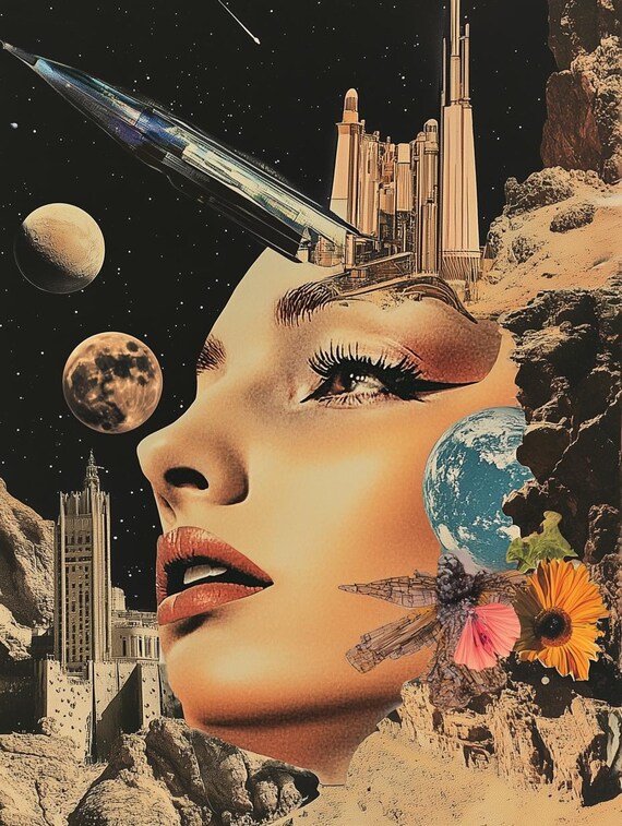 Dreamy Retro Space Collage Surreal Woman Portrait Wall Decor Poster