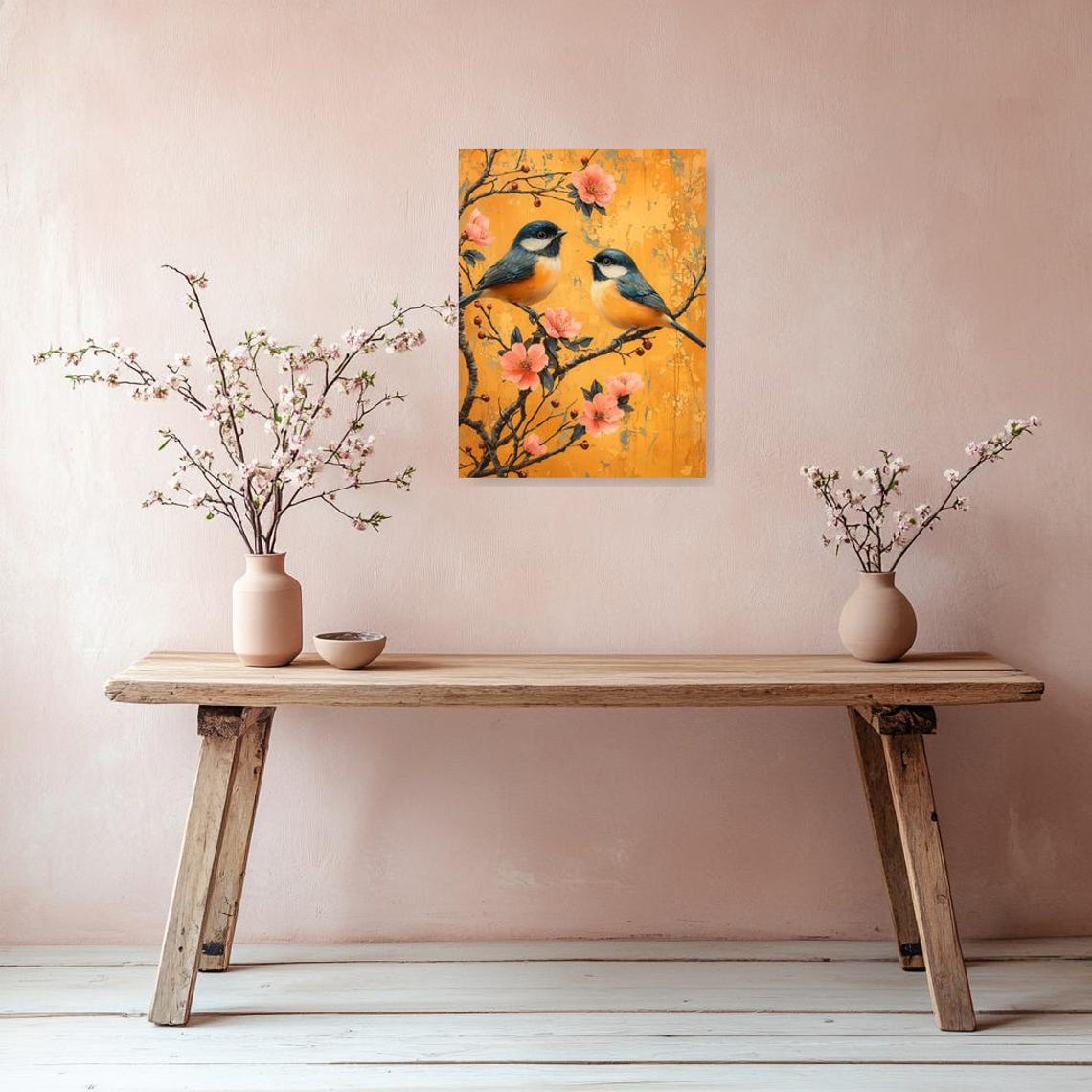 Two Blue Songbirds with Cherry Blossoms on a Golden Background Poster - Image 3