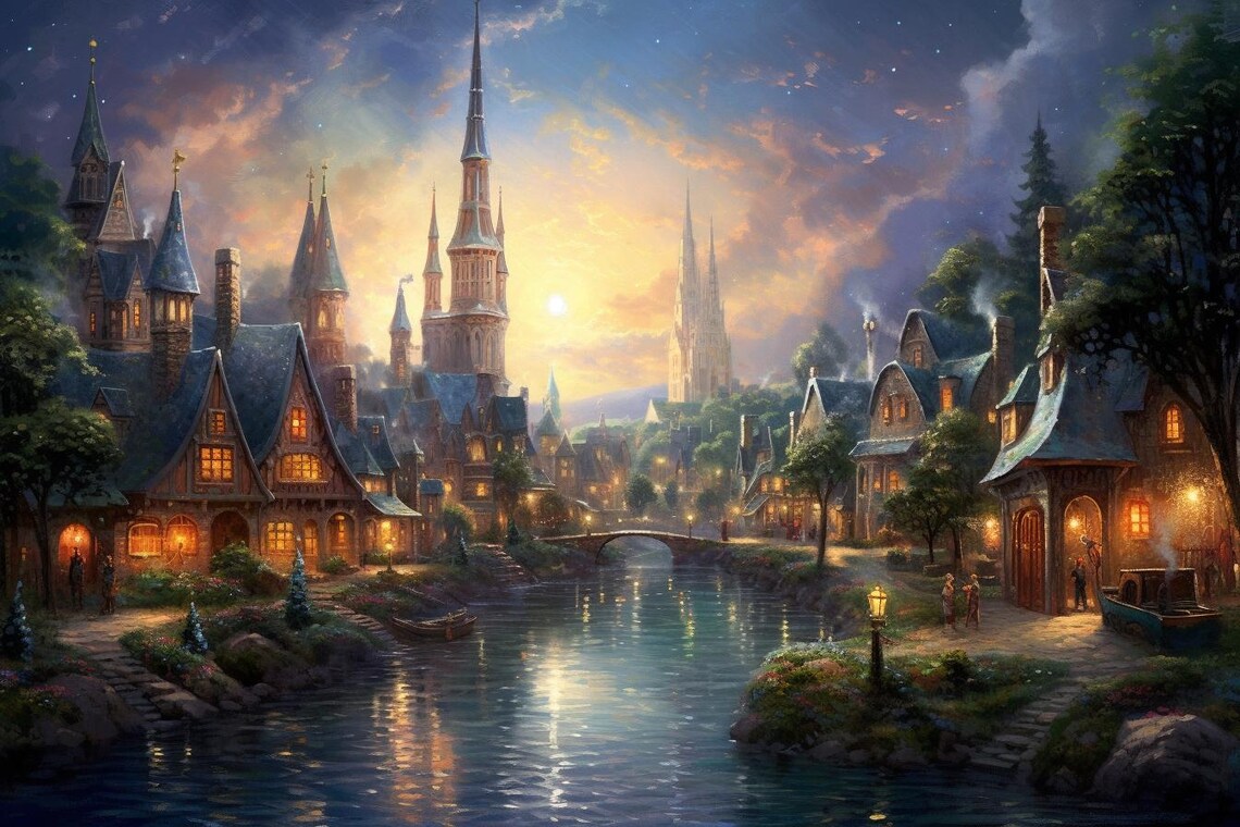 Thomas Kinkade-Inspired Village River Castle Art Print