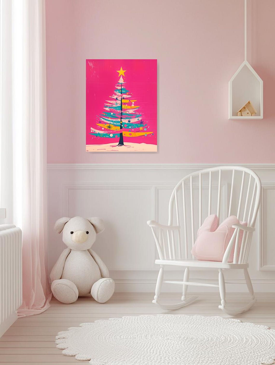 Whimsical Modern Christmas Tree on a Vivid Pink Background Poster - Image 3