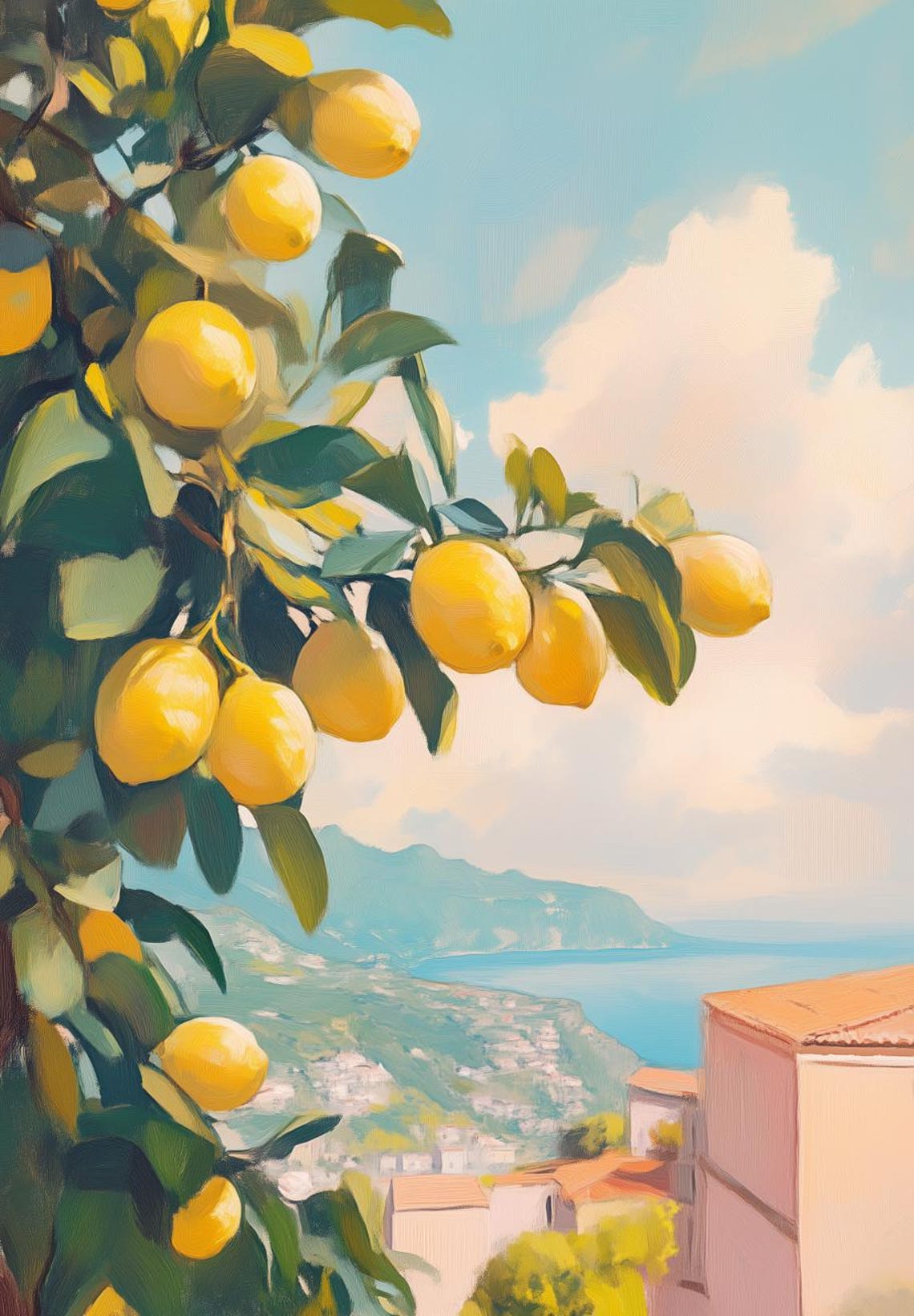 Lemon Tree Branch Painting Overlooking Amalfi Coast Village Poster