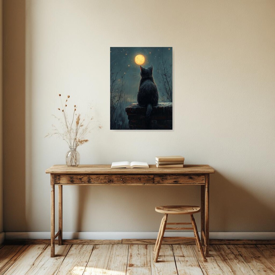 Black Cat Gazing at the Full Moon on a Brick Wall in Starry Night Style Poster - Image 2