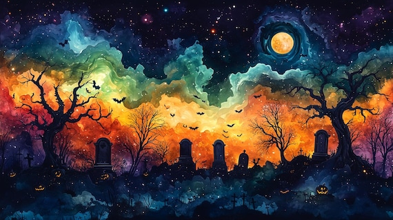 Halloween Graveyard Watercolor with Bats and Jack-o-Lanterns Poster