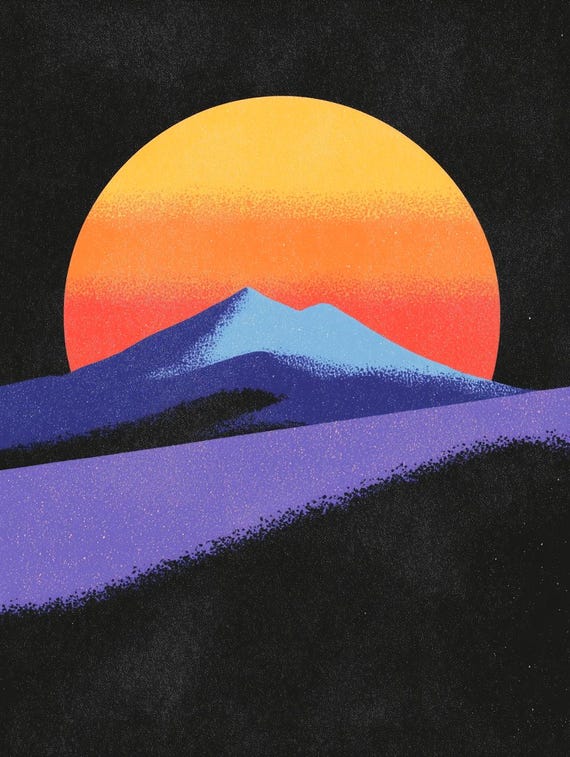 Retro Mountain Sunset Print In Vibrant Colors Inspired By Retro Art For Home Decor And Wall Art