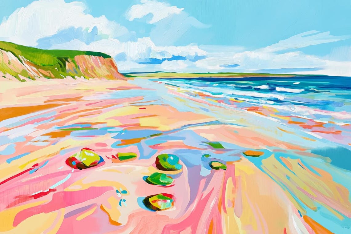 Colorful Coastal Beach Scene with Green Cliffs and Turquoise Poster