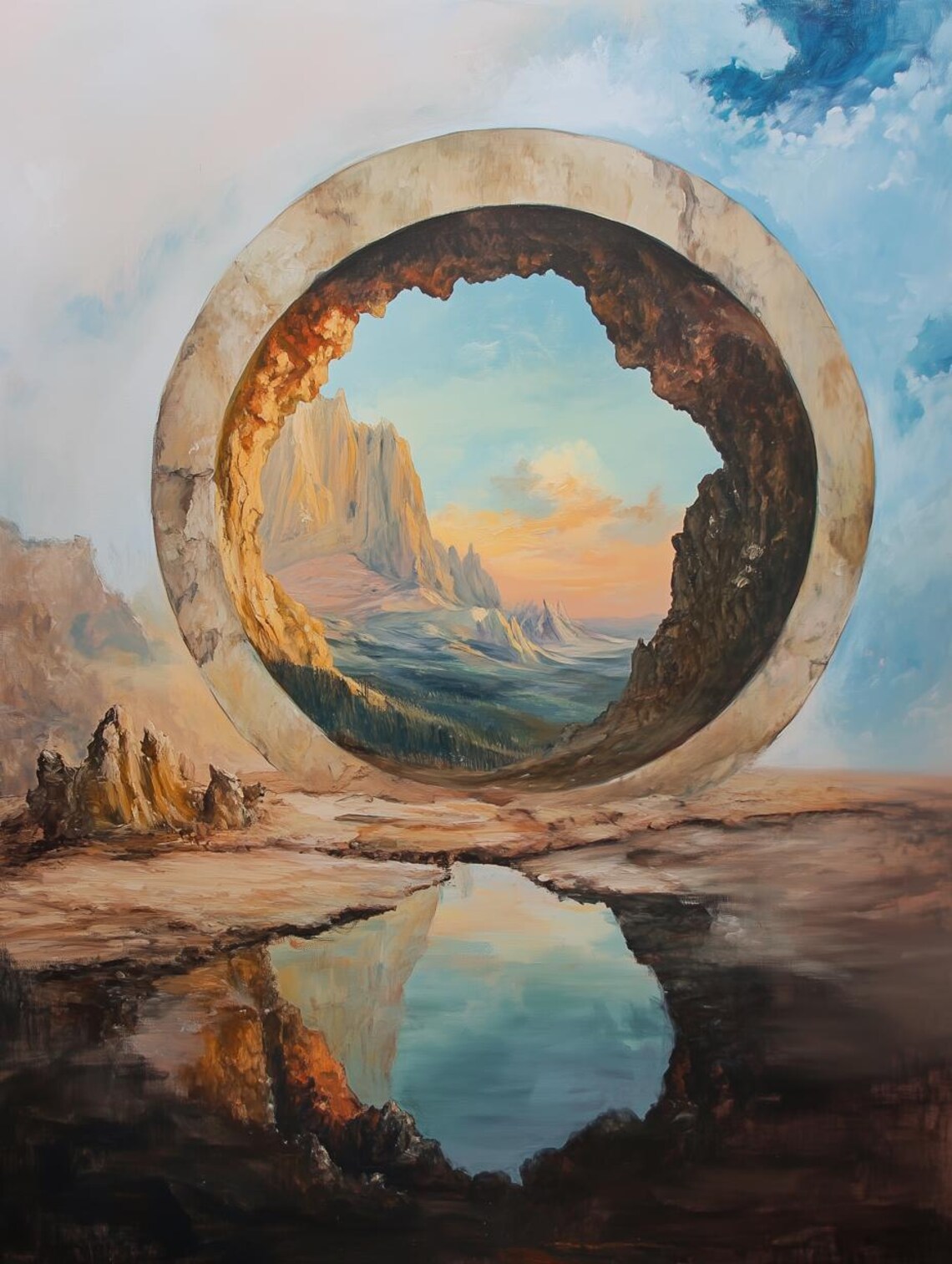 Surreal Stone Ring Portal Dreamlike Mountain Vista Reflection Poster