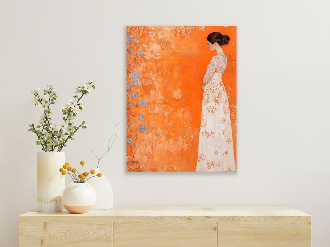 Graceful Woman In White Impressionist Art Print Klimt Style Artwork Vibrant Orange Background Custom Art - Image 2
