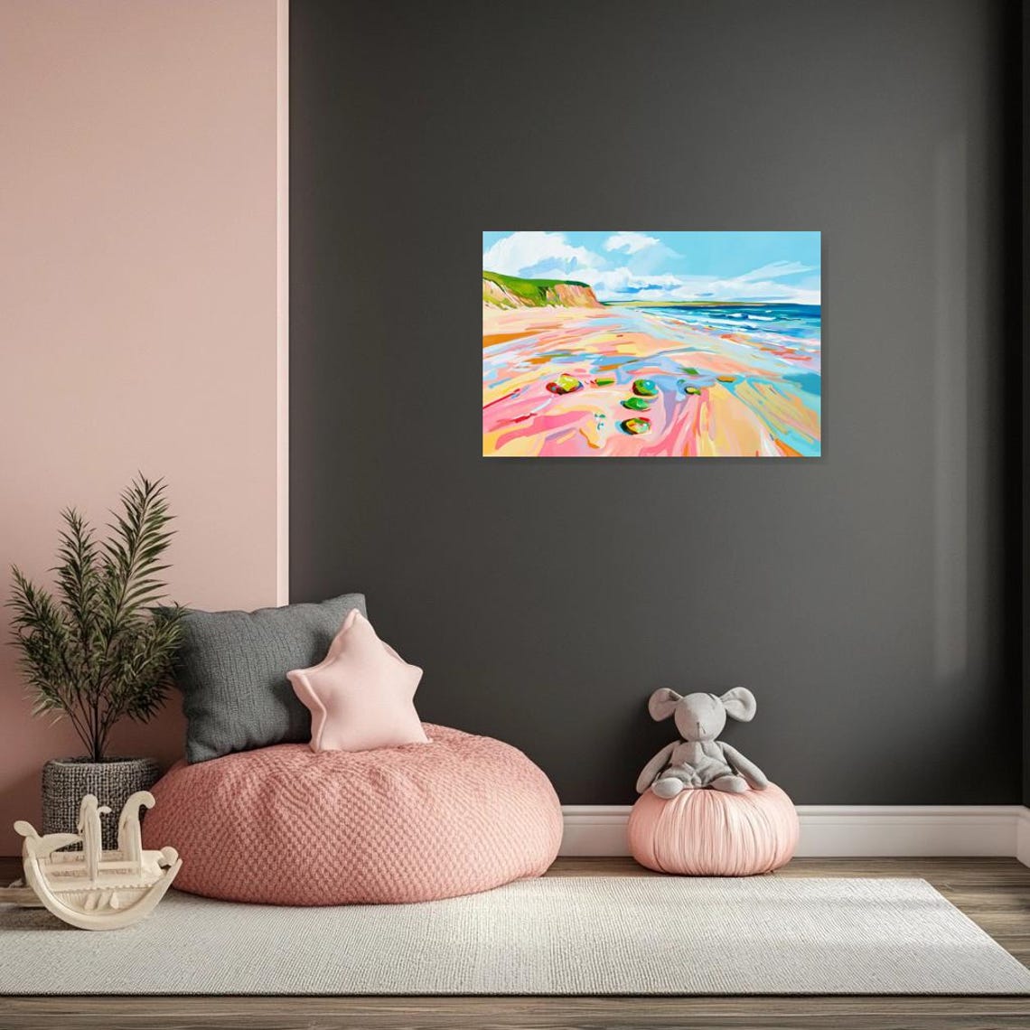 Colorful Coastal Beach Scene with Green Cliffs and Turquoise Poster - Image 2