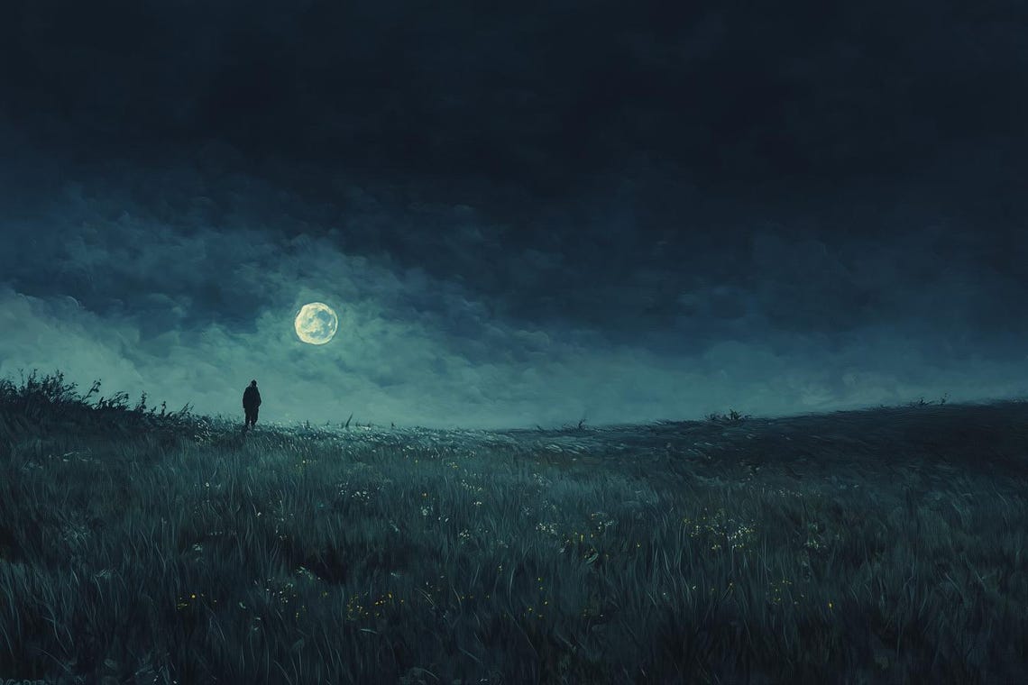 Solitary Figure Standing Under Moonlight on a Grassy Hill Poster