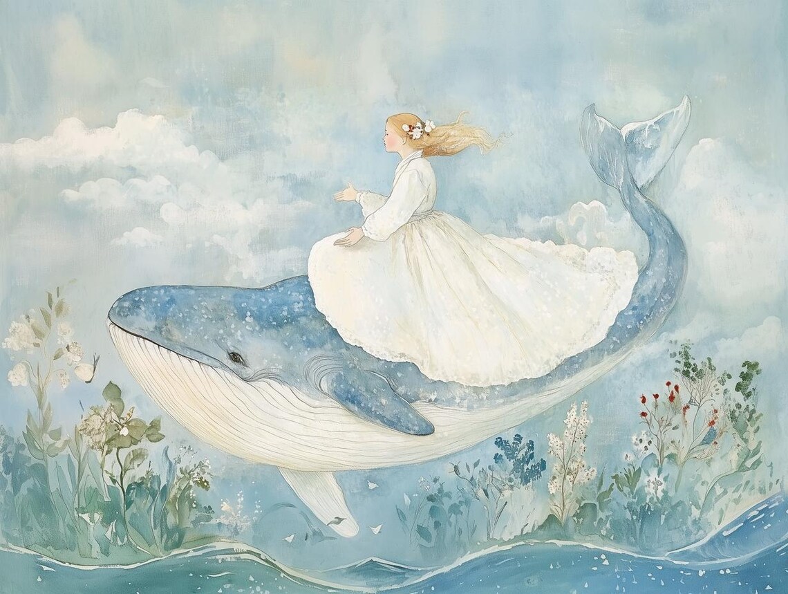 Whimsical Whale Ride, Impressionism Art Print