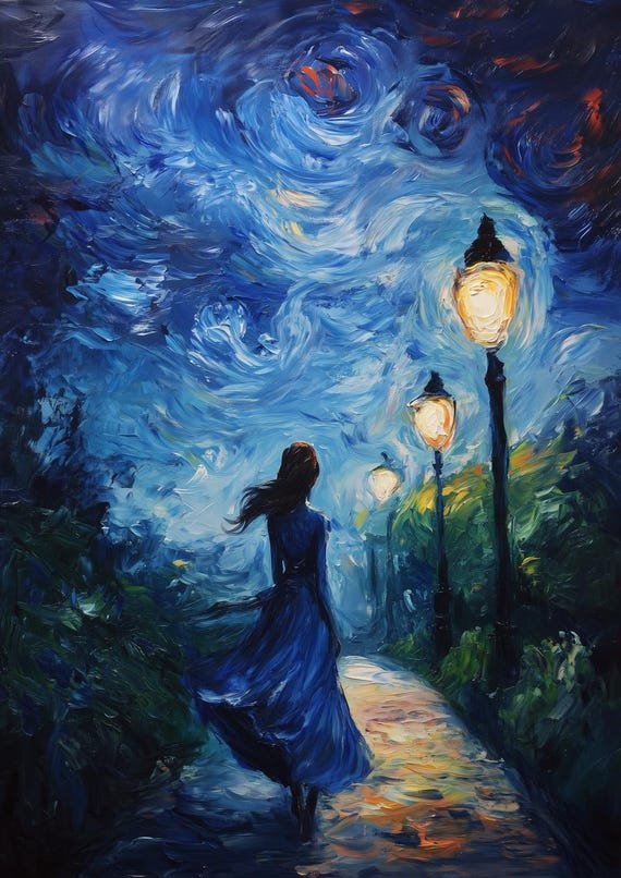 Starry Night Inspired Print Of A Woman Walking Under Street Lamps In Blue Hues Art For Home Decor And Wall Art