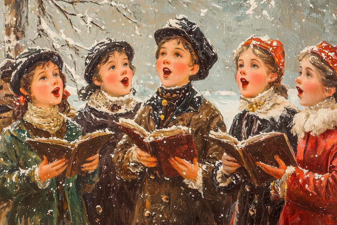 Victorian Children Caroling In Snow Vintage Style Holiday Poster
