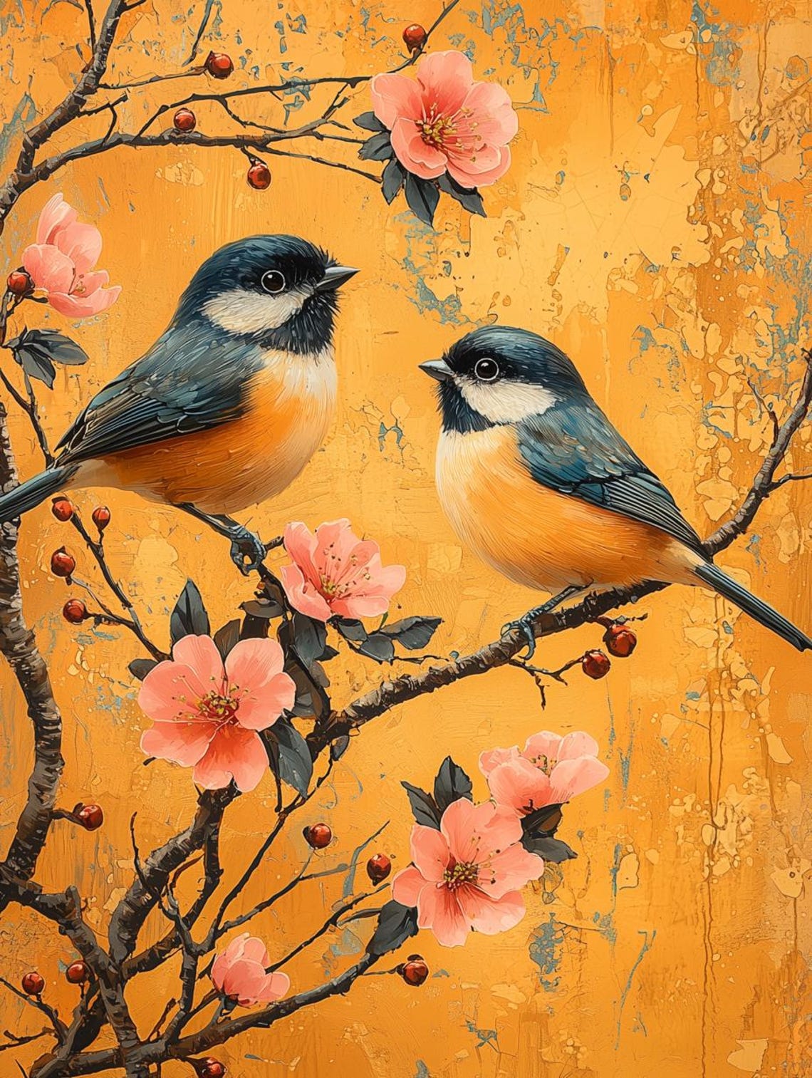 Two Blue Songbirds with Cherry Blossoms on a Golden Background Poster
