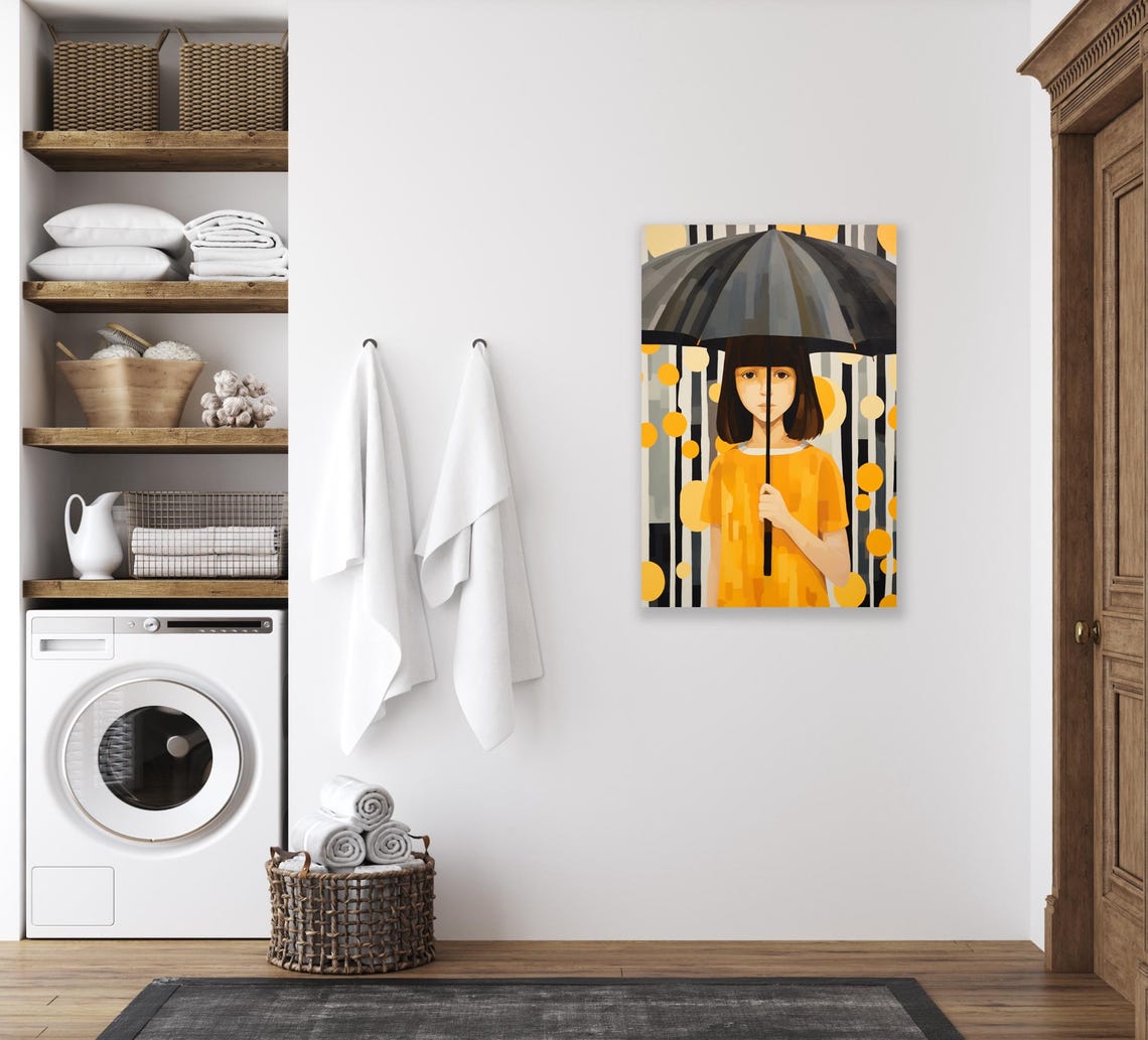 Pop Art Girl With Umbrella Black Yellow Dots Gray Stripes Wall Poster - Image 2