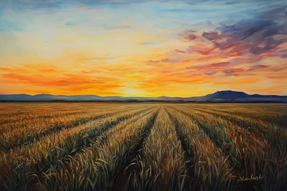 Custom Print Of Serene Sunset Over Wheat Field In Impressionist Style Inspired By Monet Beautiful Wall Art For Home Decor