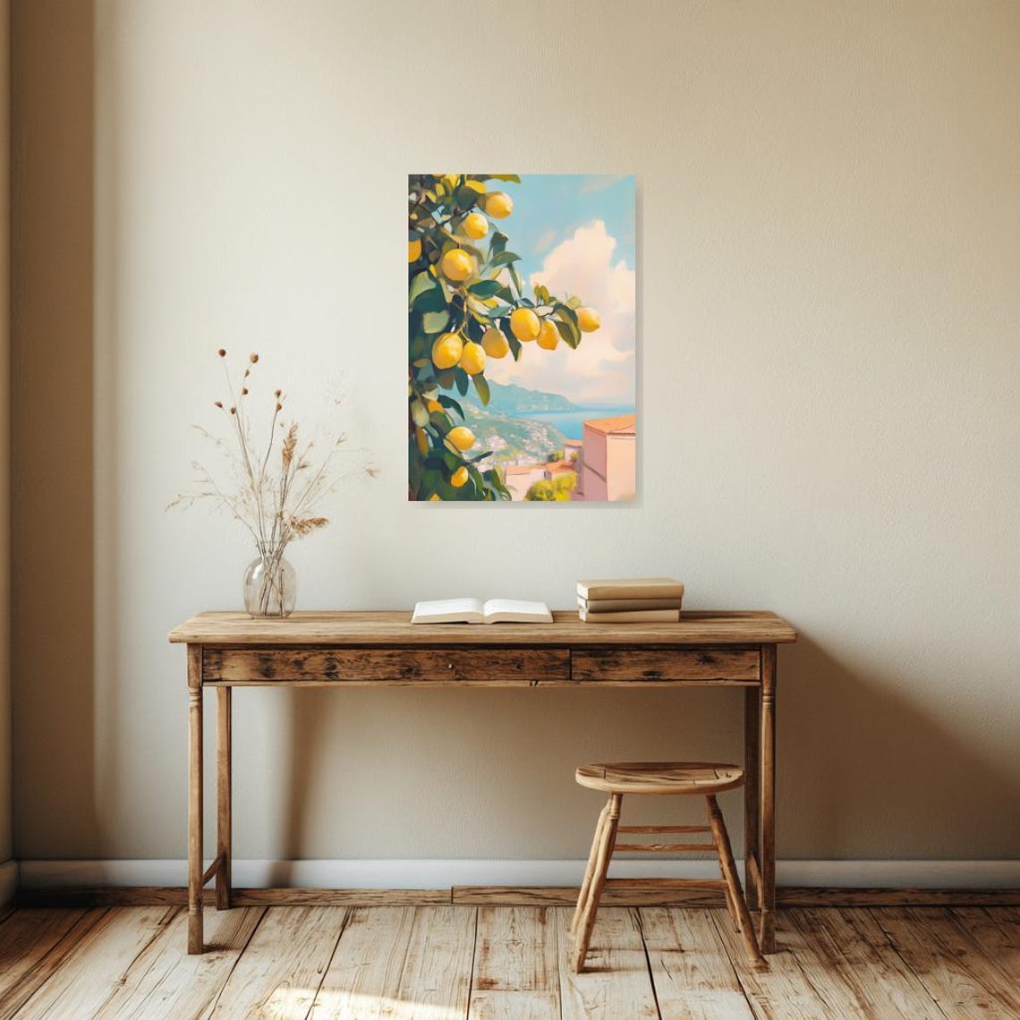 Lemon Tree Branch Painting Overlooking Amalfi Coast Village Poster - Image 3