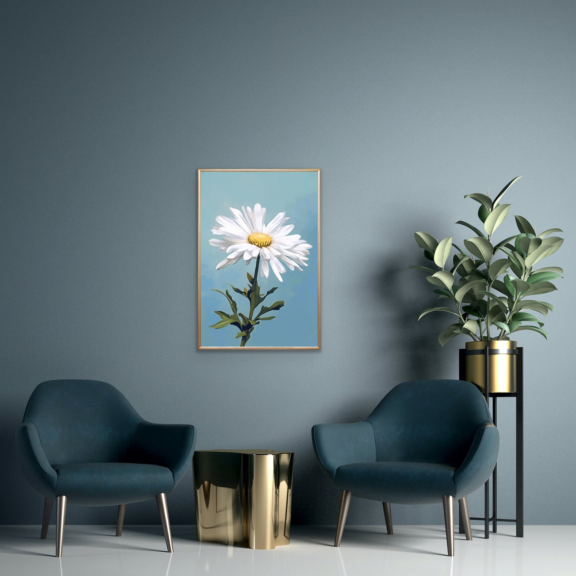 One Single White Daisy Bloom on Blue Minimalist Floral Poster - Image 2