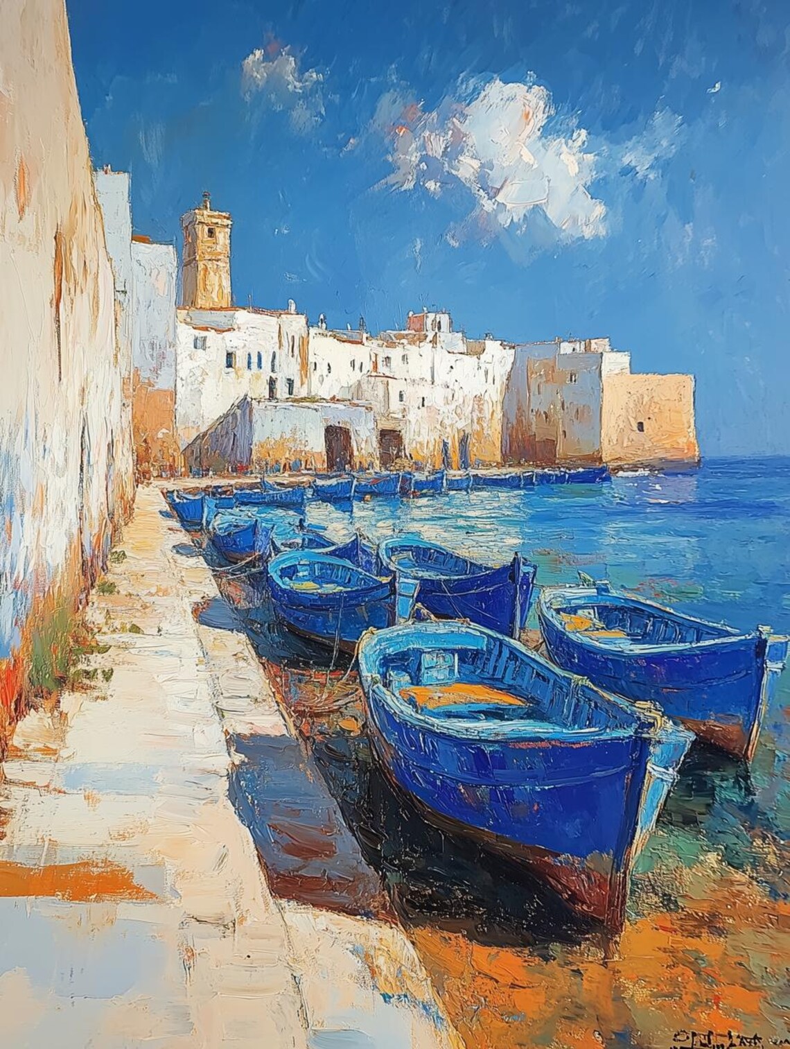 Mediterranean Harbor Blue Boats Coastal Village Impasto Oil Poster