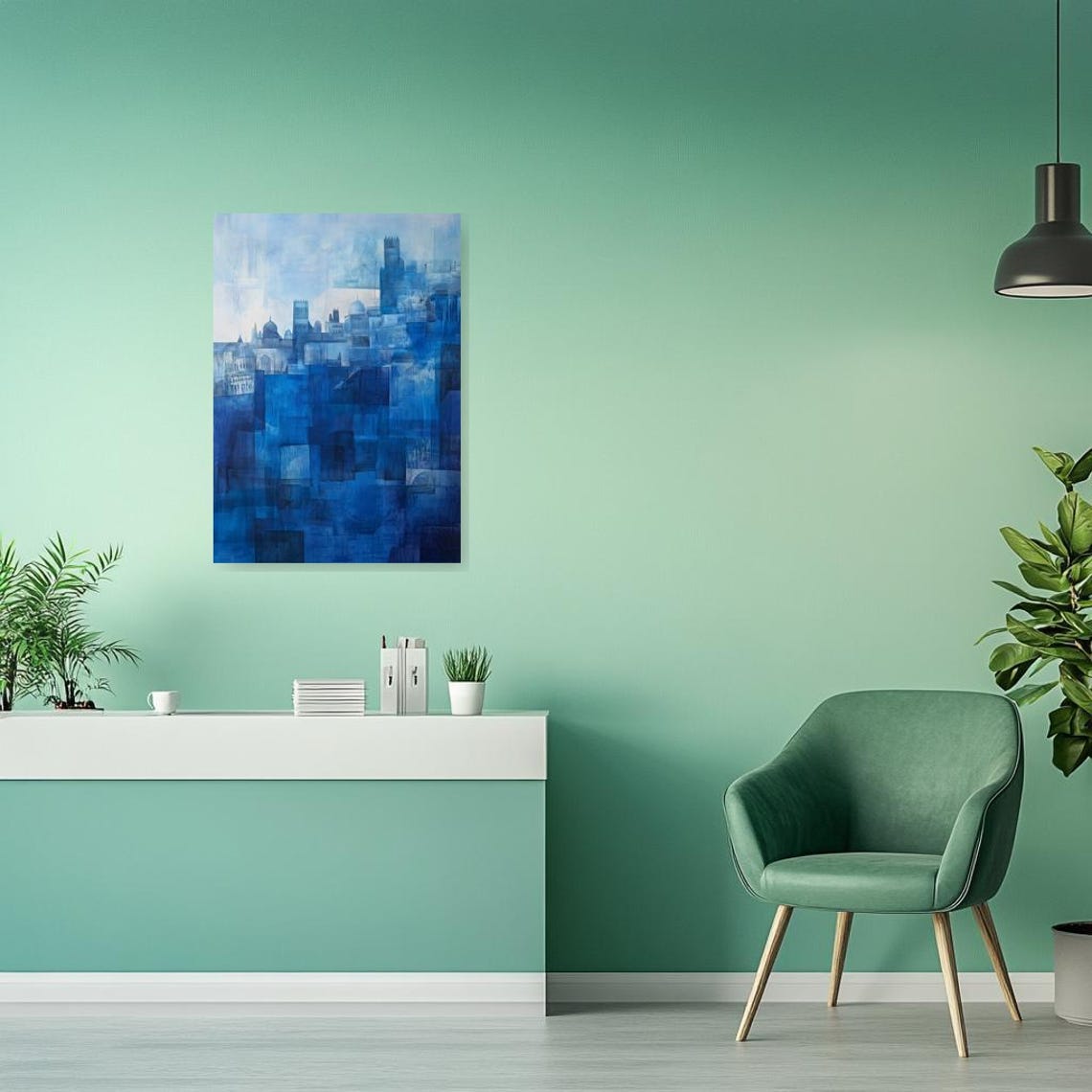 Monochrome Blue Abstract Cityscape Painting Cubist Skyline Art Poster - Image 3