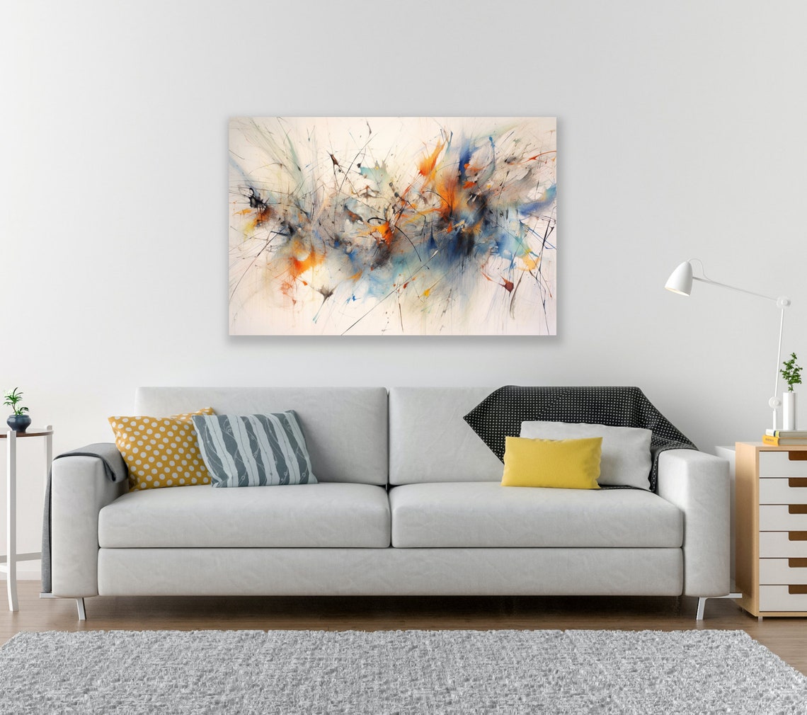 Abstract Ink Lines Chaos with Orange and Blue Splashes Modern Poster - Image 2