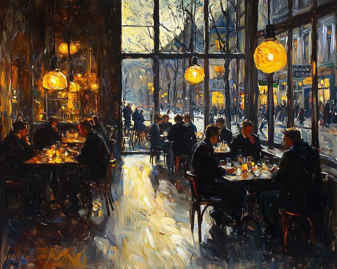 Warm Cafe Interior With Street Window Glow Impressionist Poster