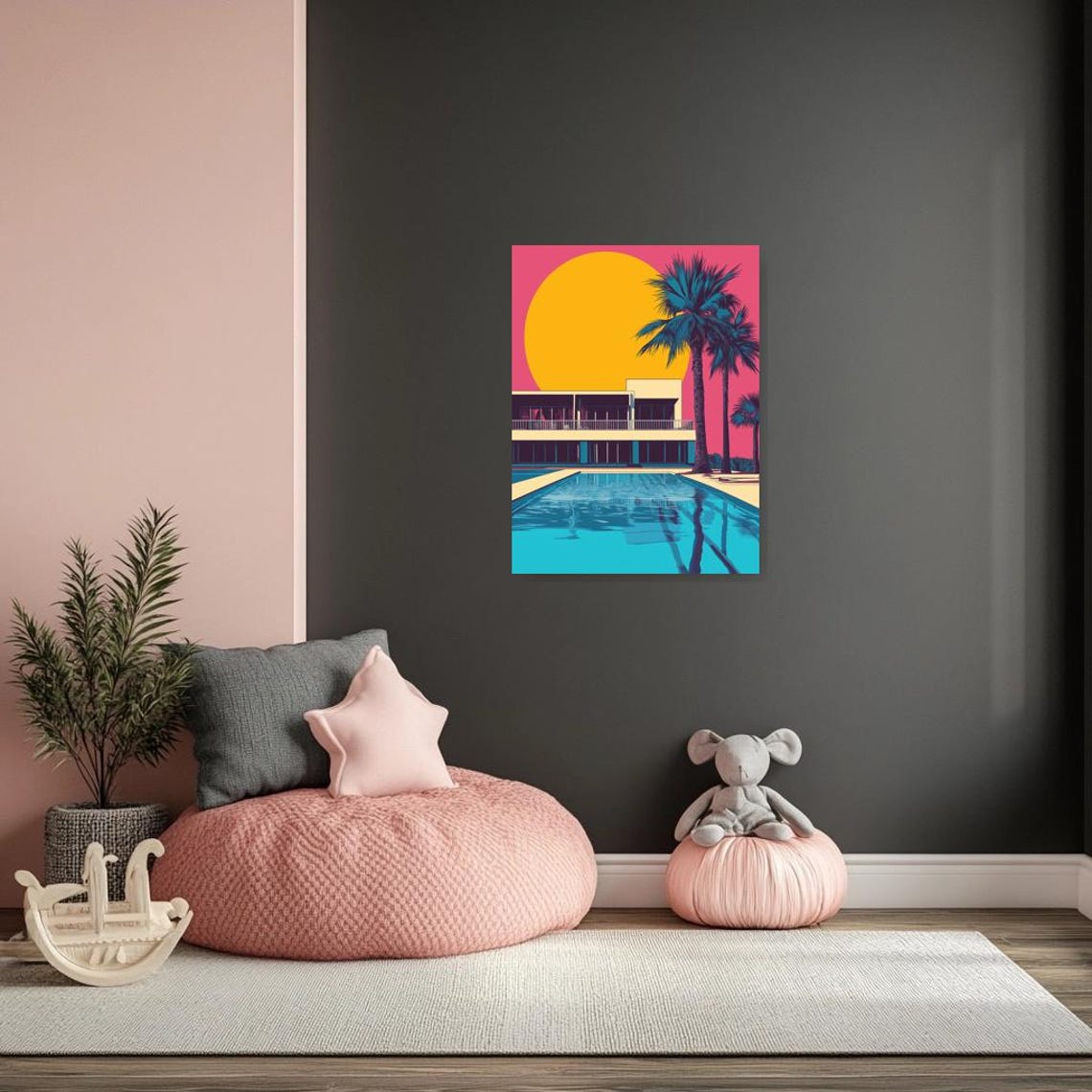 Mid-Century Modern Poolside Villa with Palms and Pink Sky Poster - Image 2