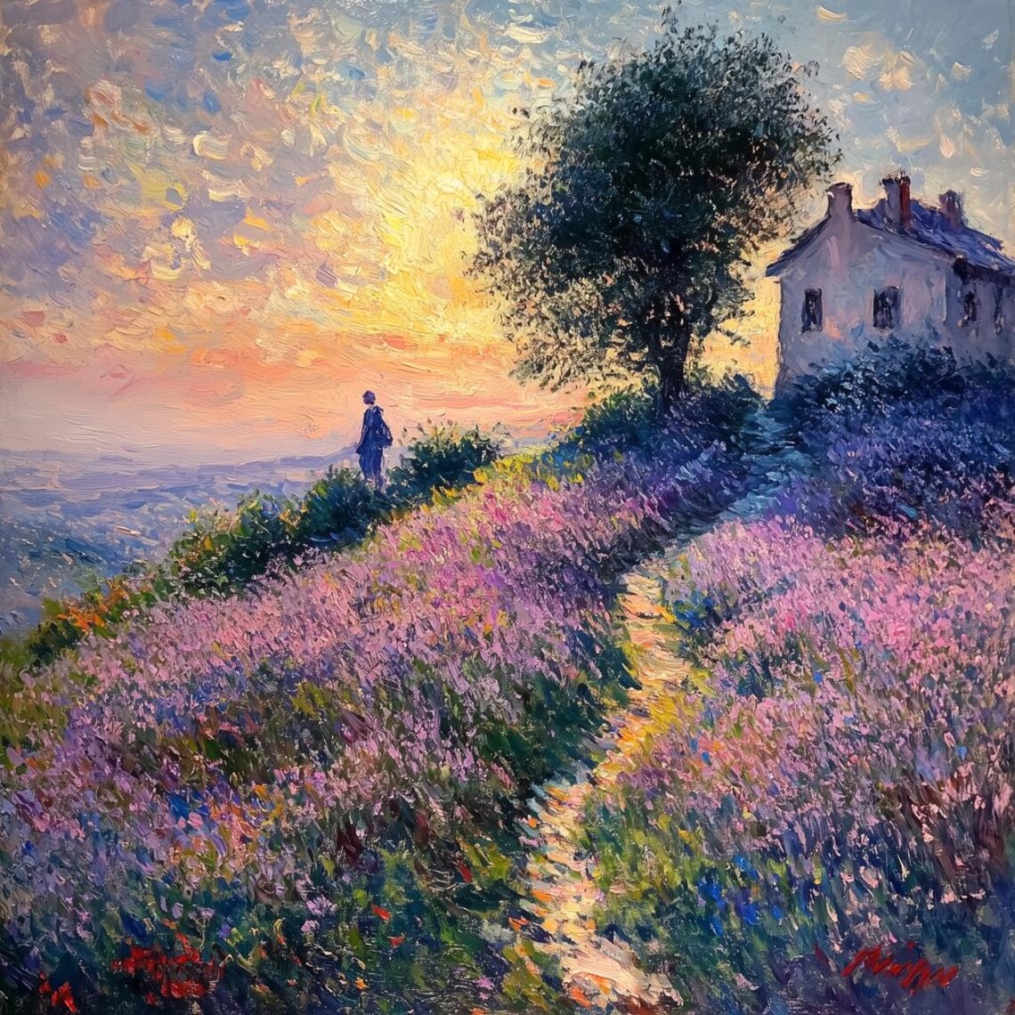 Monet-Inspired Lavender Fields Landscape Art Print