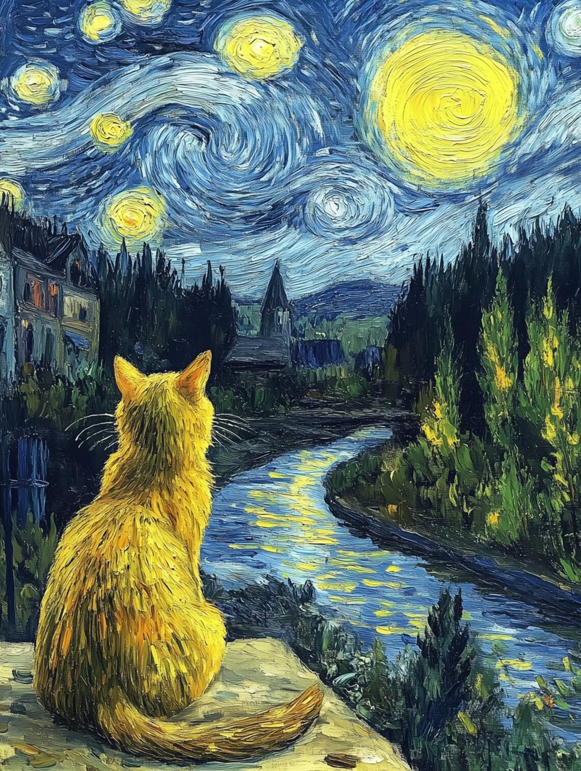 Custom Cat Art Print, Starry Night Style