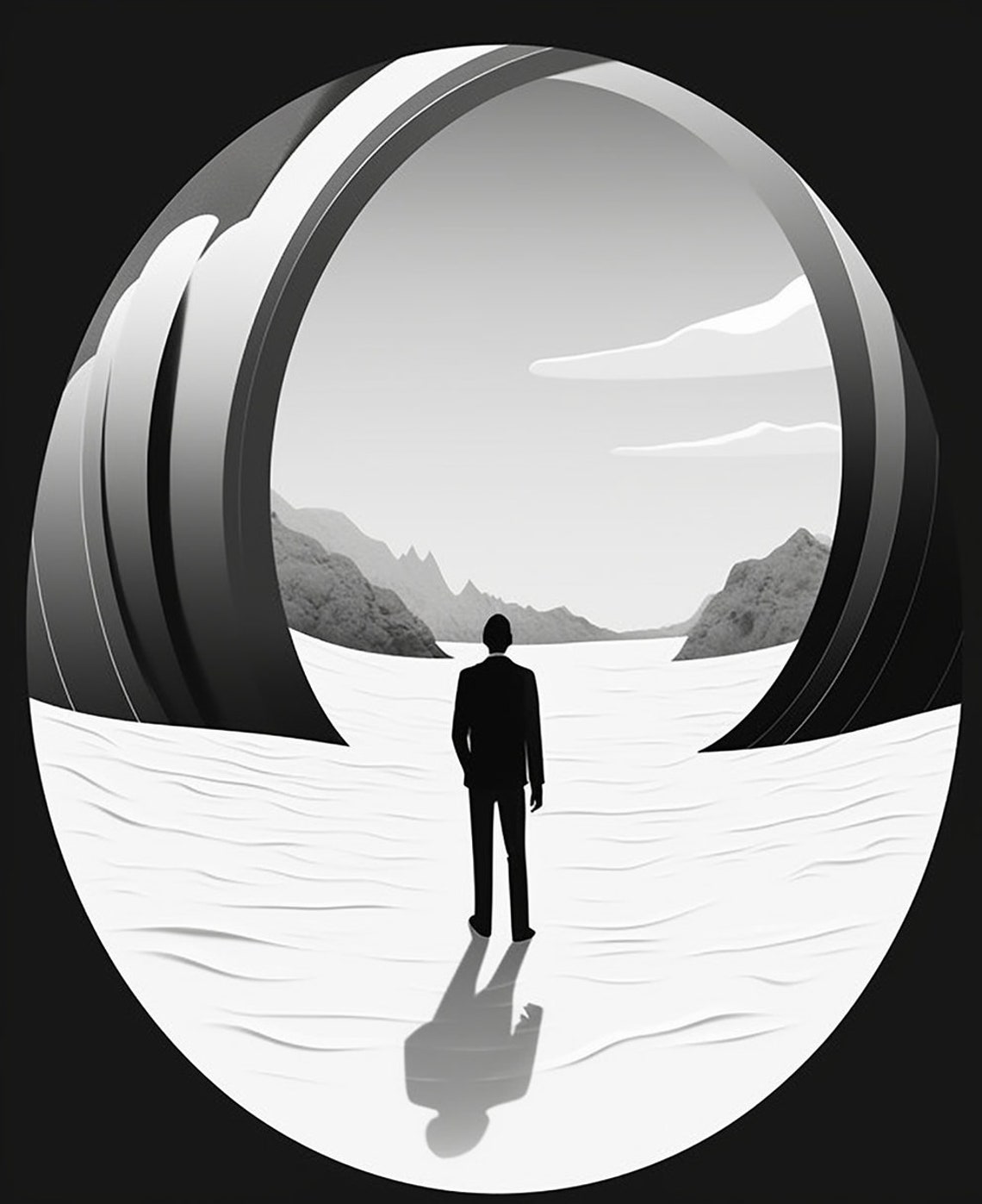 Man in Circular Passage with Mountains Minimal Monochrome Art Poster