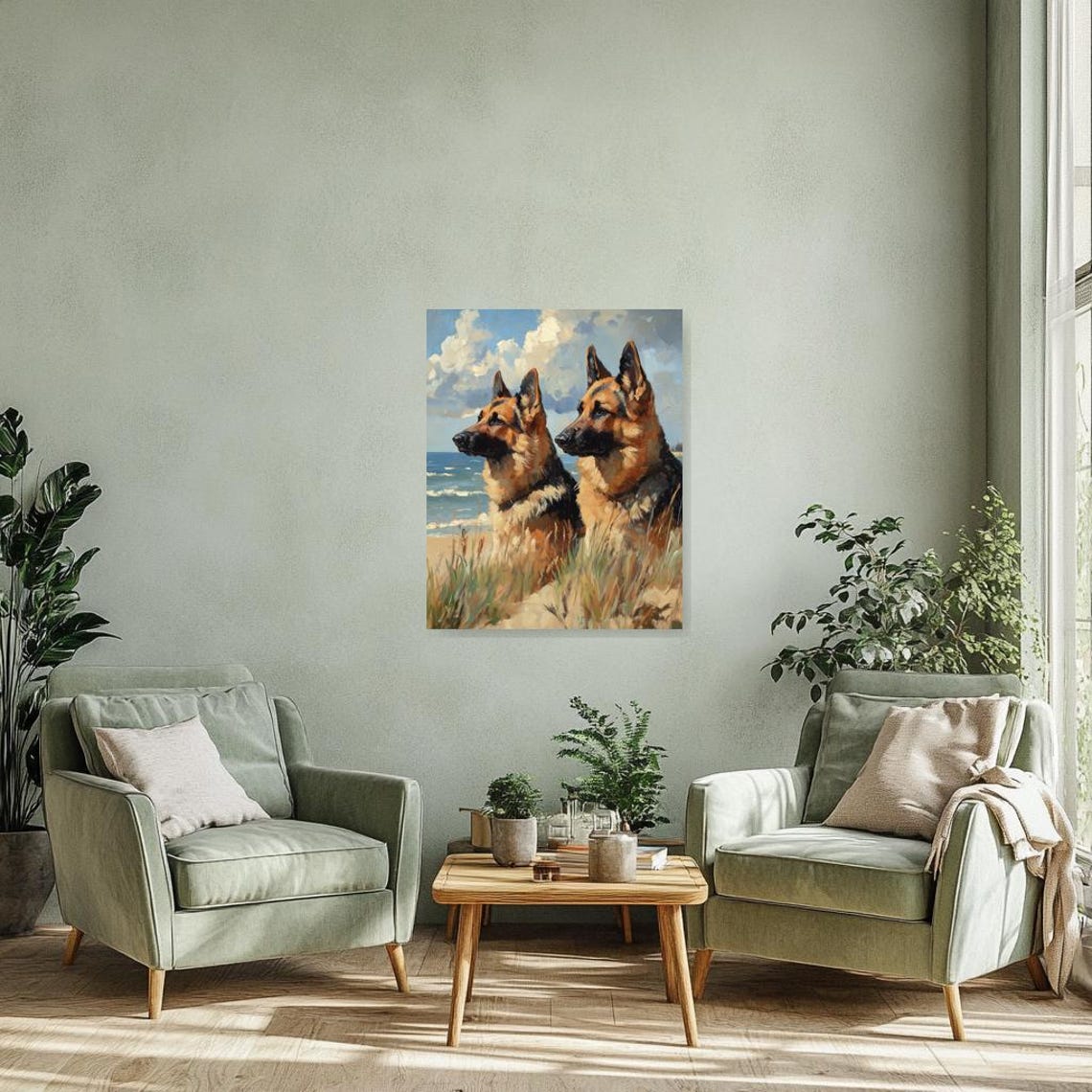 Two German Shepherds Gazing at the Sea on Beach Impressionist Poster - Image 3