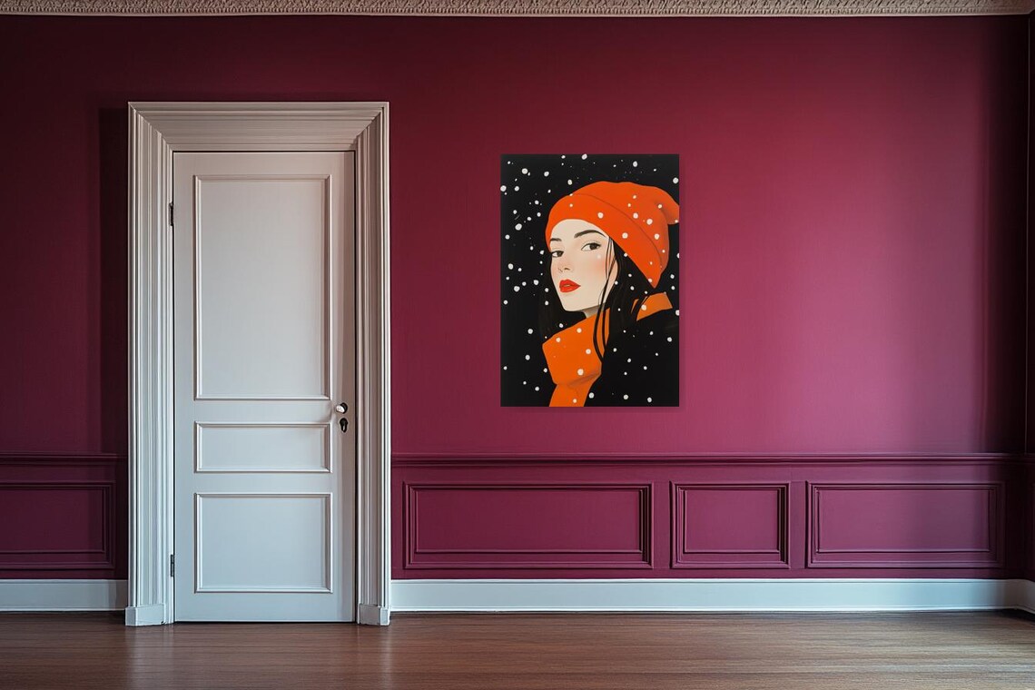Stylish Woman in an Orange Beanie and Scarf in the Snow Poster - Image 3