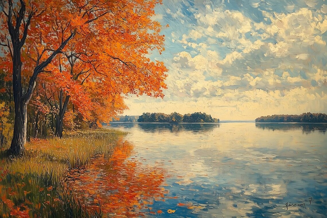 Autumn Lake With Fiery Orange Trees Impressionist Landscape Poster