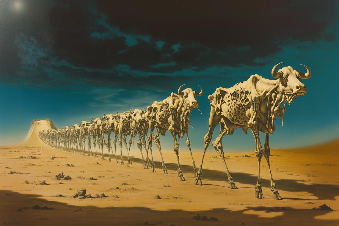 Surreal Skeleton Cows Marching Desert Dali Style Dreamlike Art Print