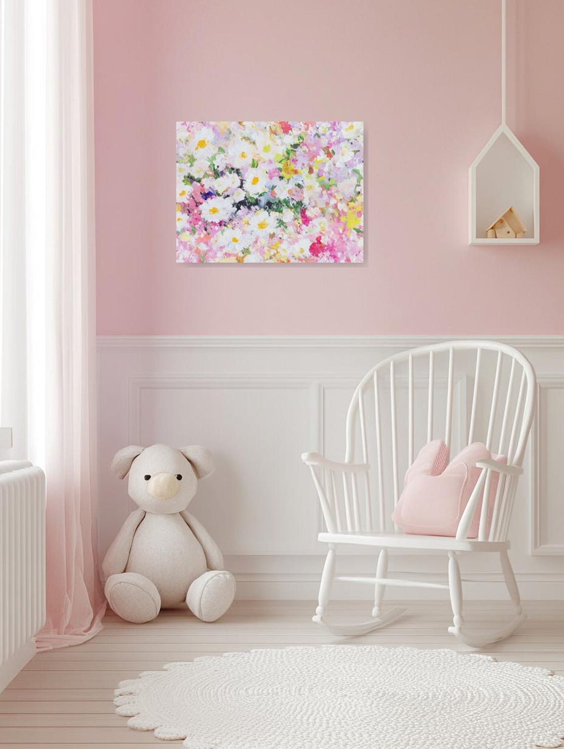 Impressionist Field of White Daisies in Soft Pink Floral Poster - Image 3