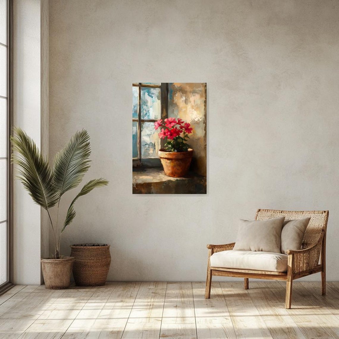 Sunlit Terracotta Pot Red Flowers By Rustic Window Art Poster - Image 3