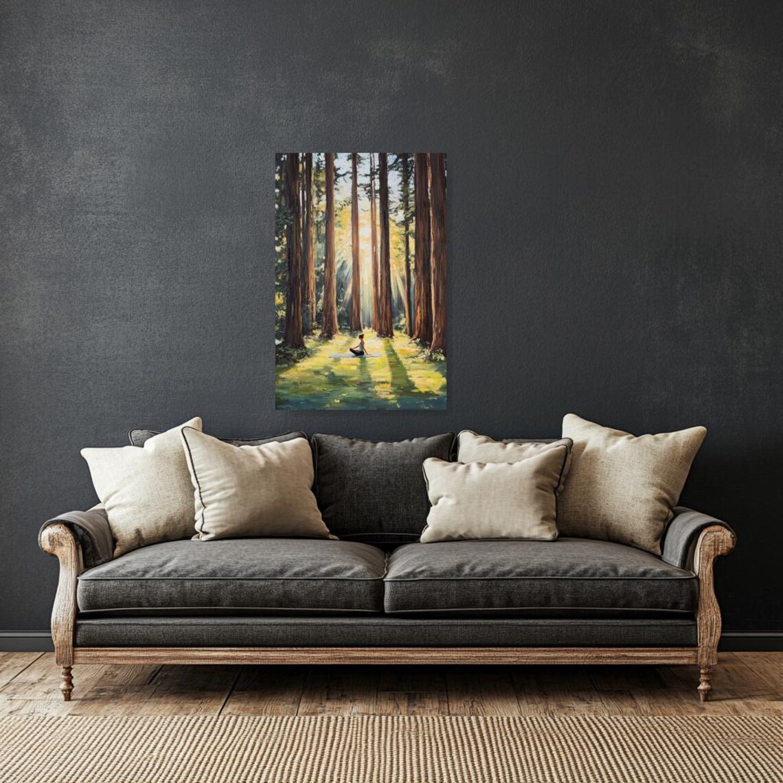 Woman Meditating in Sunlit Redwood Forest Impressionist Poster - Image 2