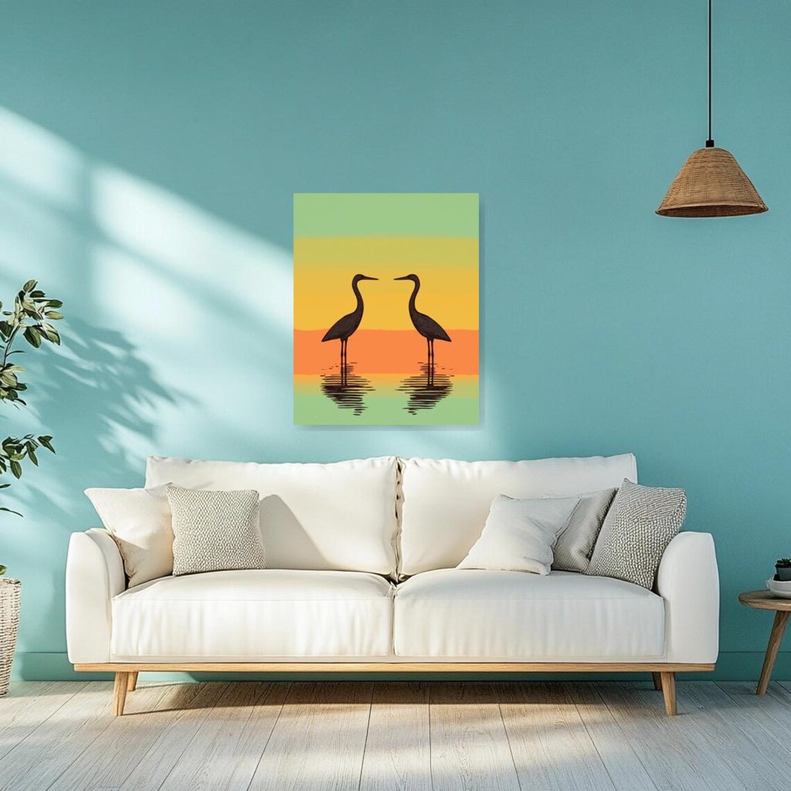 Elegant Black Herons, Reflective Water Sunset Scene - Image 2