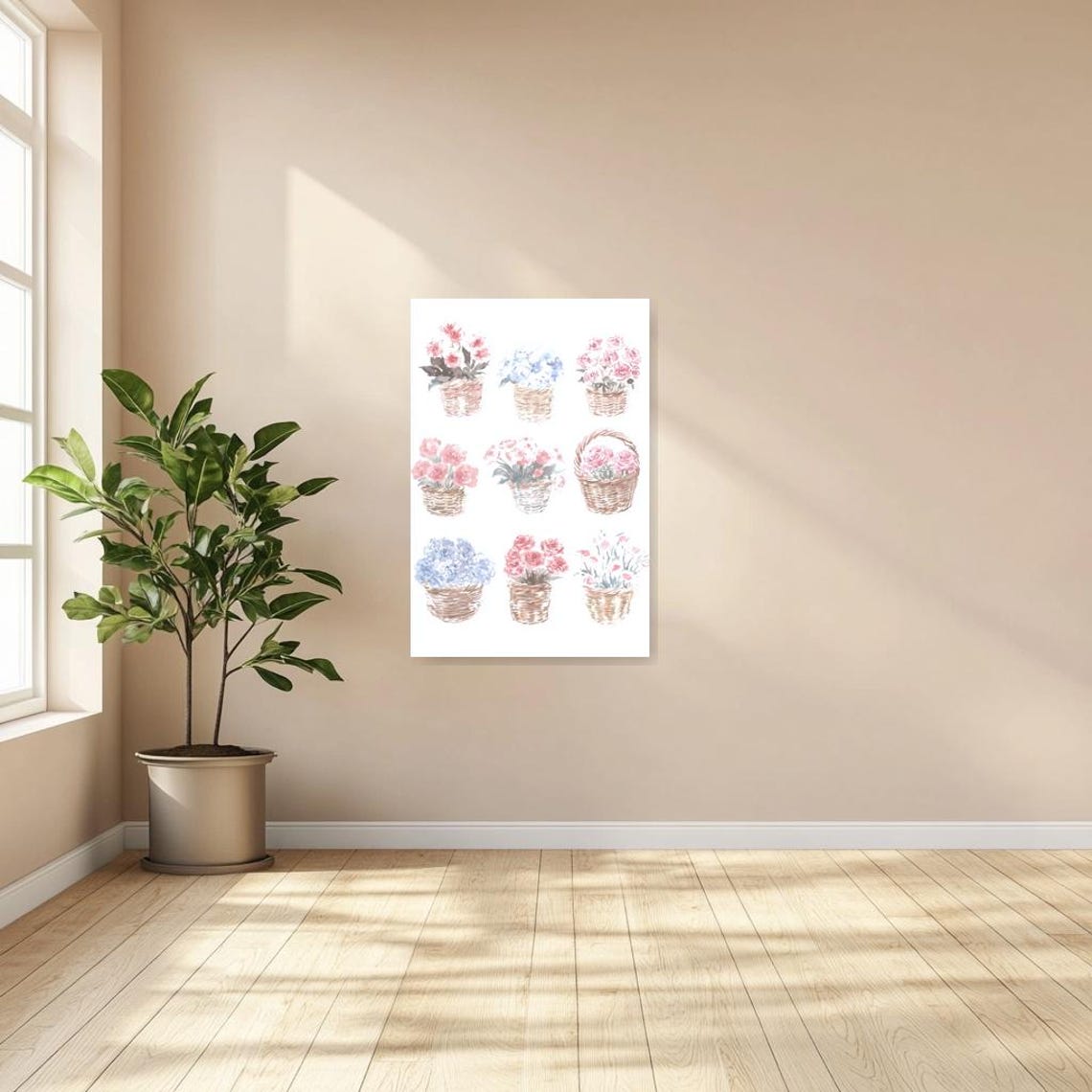 Nine Watercolor Flower Baskets in a Grid Botanical Scene Poster - Image 2