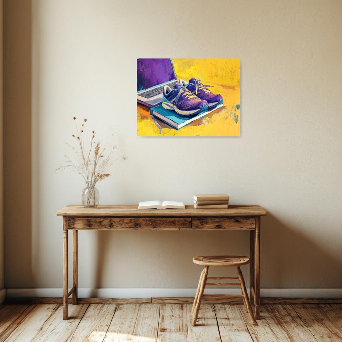 Purple Running Shoes on Books Laptop Colorful Pop Art Still Life Poster - Image 2